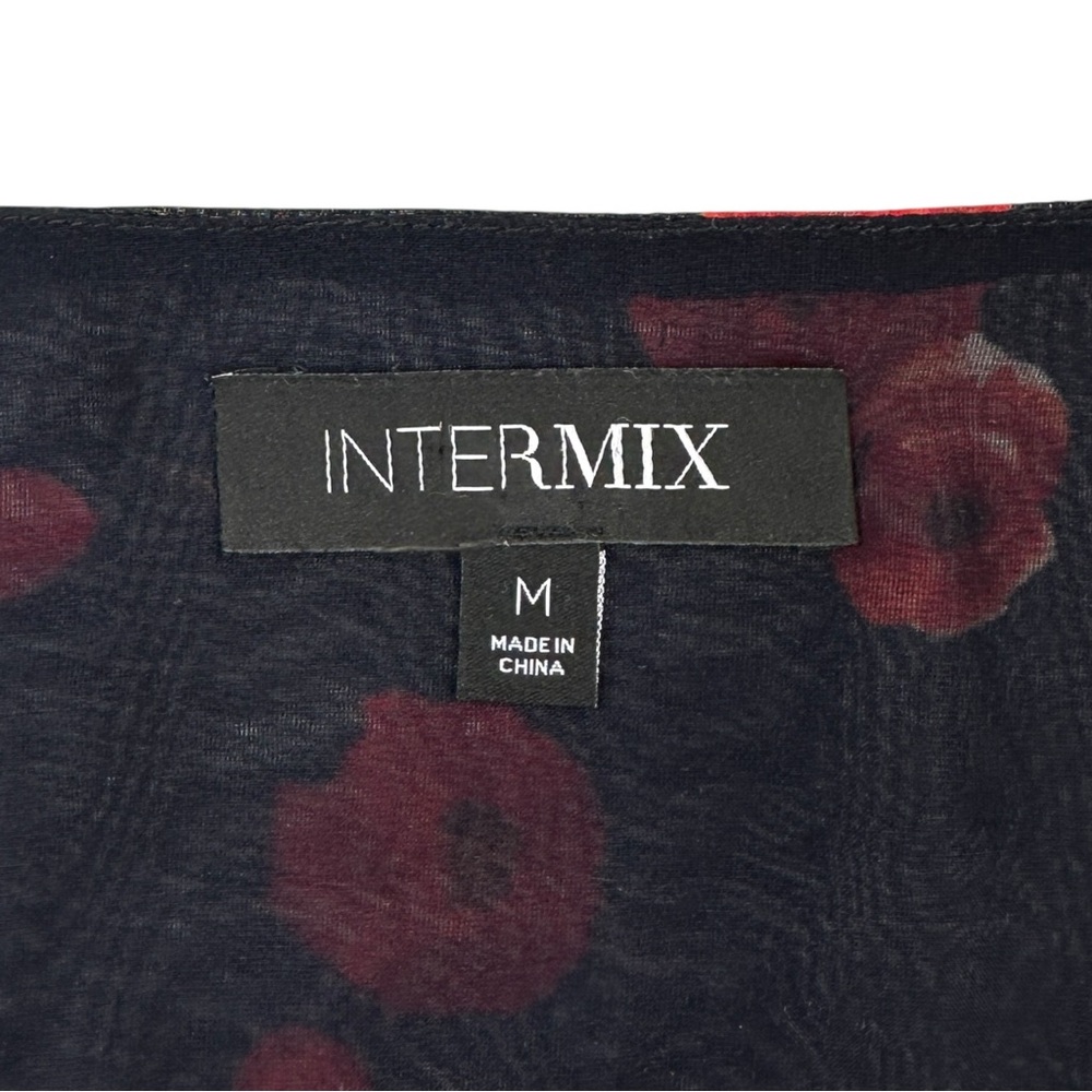 INTERMIX Navy Black Red Floral Tie Waist V-Neck Long Sleeve Silk Blouse z M - Picture 6 of 8